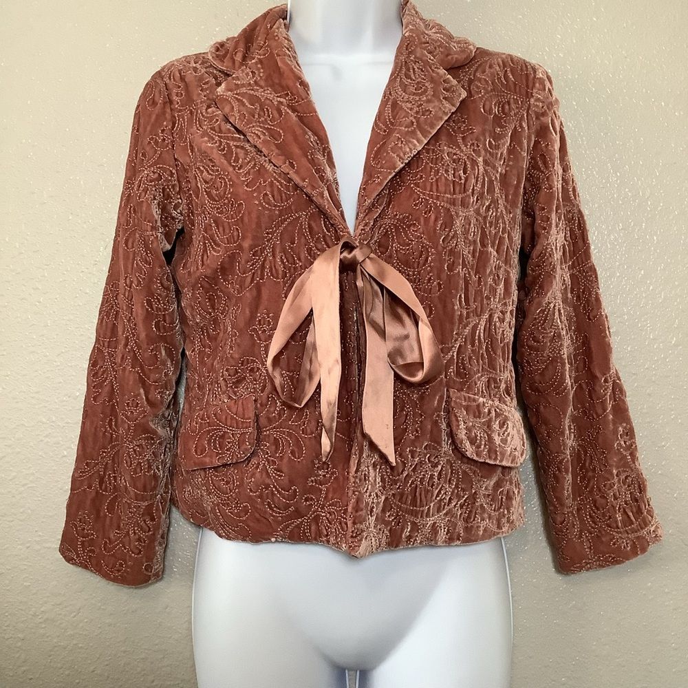 Vintage Y2K Pink Velvet Embroidered Feminine Romantic Bow Blazer Jacket Sz 2‎